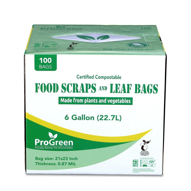 ProGreen Compostable Trash Bags, Extra Thick, Compost Kitchen Bin Bags, Food Scraps Yard Waste Bags, ASTM D6400 BPI and TÃœV AUSTRIA Certified (6 Gallon, Pack of 100) - Image 2